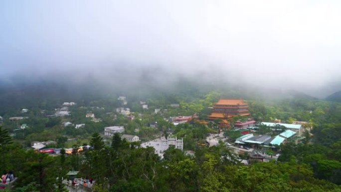 香港昂坪村宝莲寺寺院云雾乡村晨雾山村云海