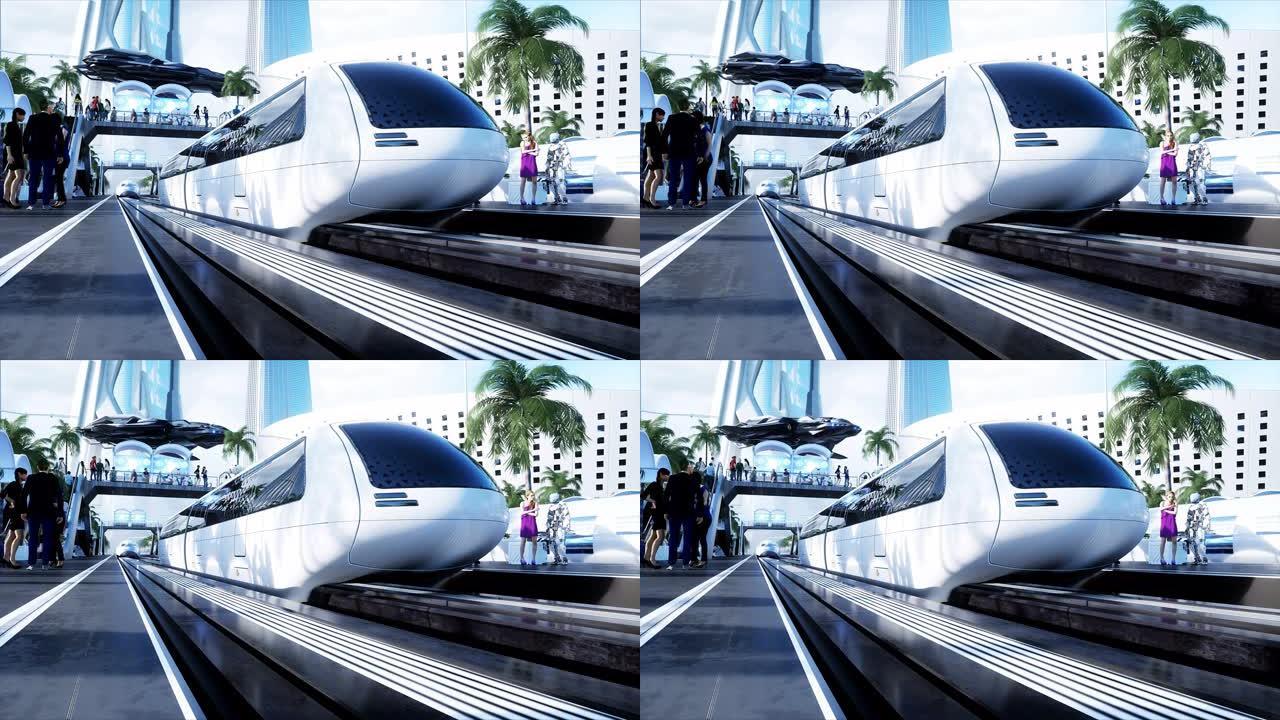 科幻铁路未来派车站。未来概念。Dinamyc树。人和机器人交通。鸟瞰图逼真4k动画