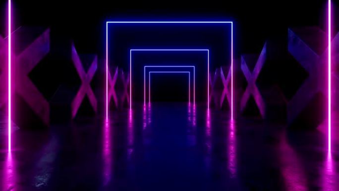 幻灯片运动摄像机蓝紫色迷幻霓虹灯发光激光表演舞台十字形沥青水泥润格混凝土柱空黑暗路径轨道充满活力的虚