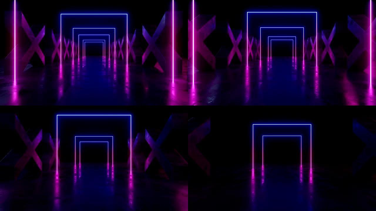 幻灯片运动摄像机蓝紫色迷幻霓虹灯发光激光表演舞台十字形沥青水泥润格混凝土柱空黑暗路径轨道充满活力的虚