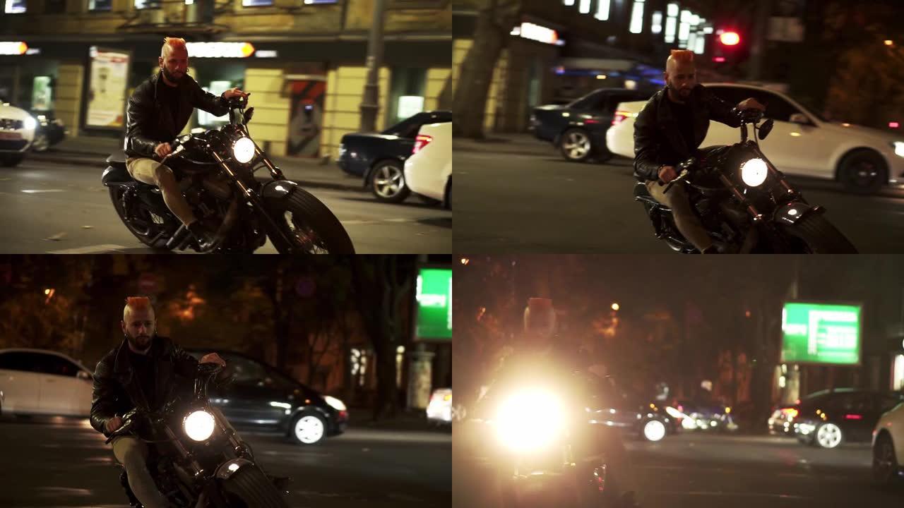 时尚，残酷的摩托车手在城市里开着明亮的前灯在街道上驾驶自行车