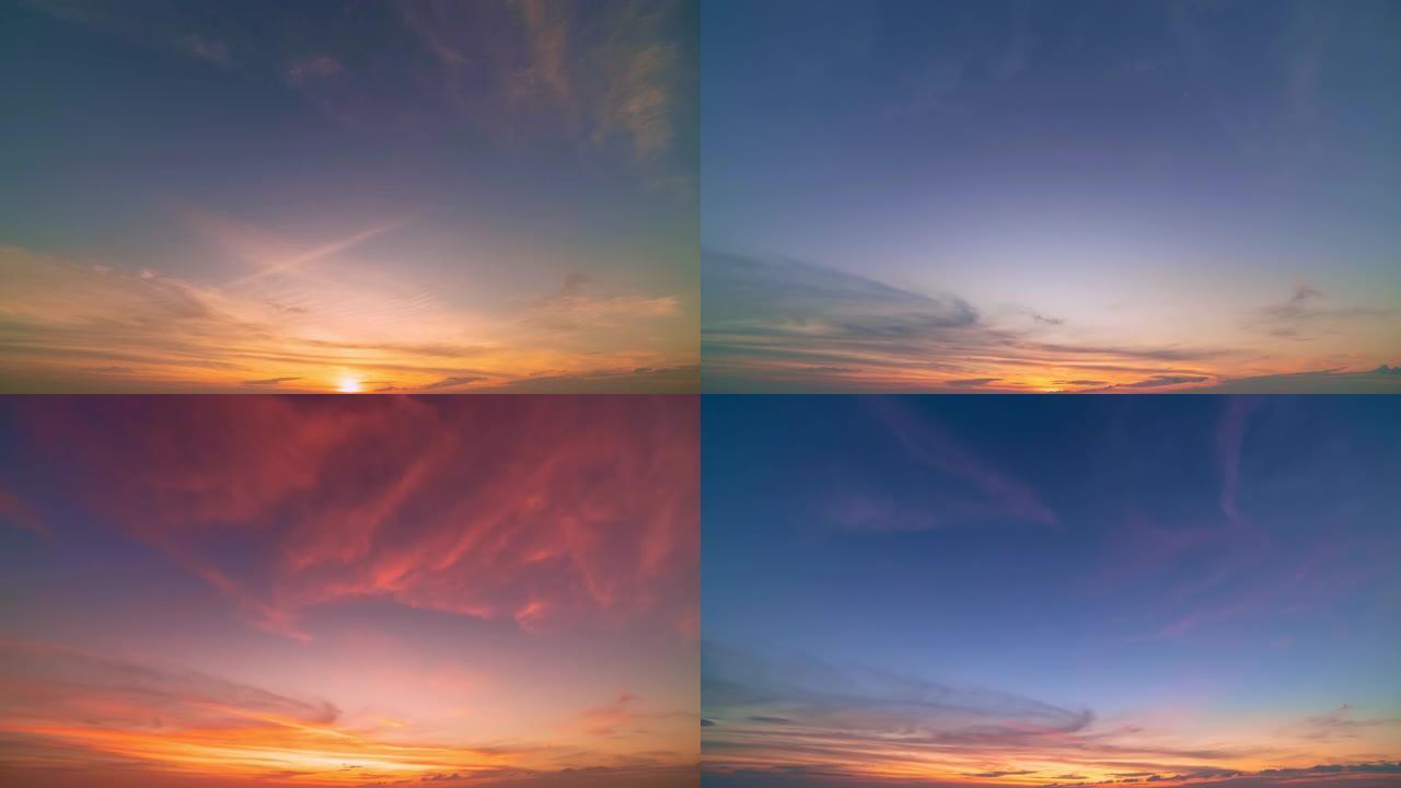 4k天空时间流逝的云日落或日出背景。流动的日落云自然惊人的自然景观之光
