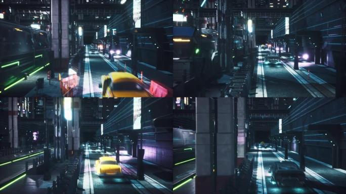 未来的夜城，霓虹灯，未来派火车和飞行汽车。小说、网络和科幻背景的动画。未来城市的景色。
