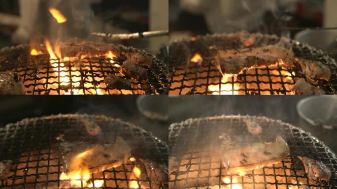 日本牛舌木炭烧烤烤架特写