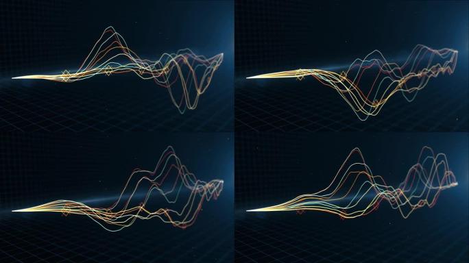 蓝色网格背景上具有粒子和耀斑的3d曲线图波形统计图