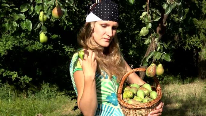 可爱的乡村女孩从树枝上摘成熟的水果，满意地吃梨。4K