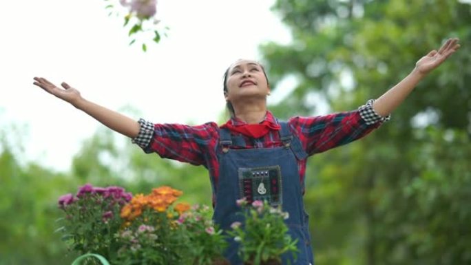 亚洲高级妇女在花园里种花，双臂伸展