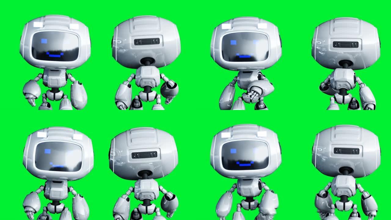 白色微笑玩具机器人动画。物理运动模糊。逼真的绿屏4k动画。绿屏