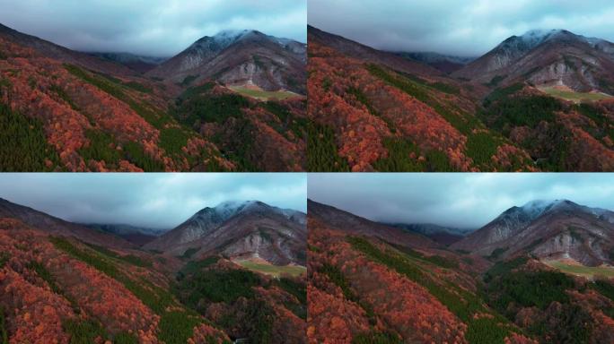 秋日彩色山鸟瞰图，山顶积雪