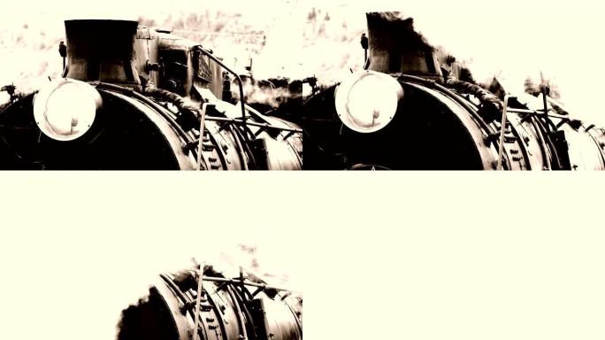 蒸汽火车从管道 (棕褐色) 消失在烟雾中