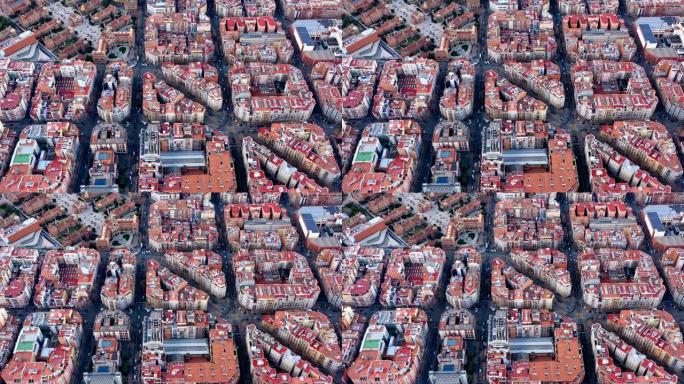 西班牙巴塞罗那的空中无人机视频。扩展区的街道。圣波医院。录像