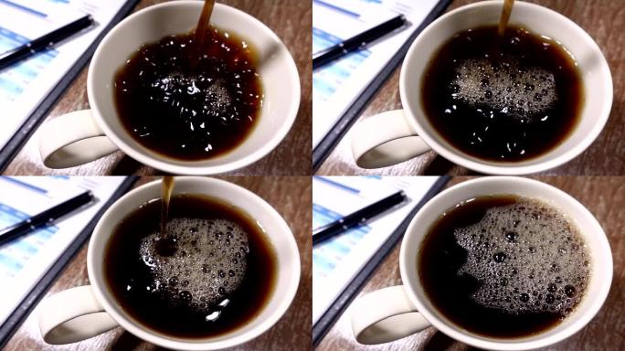 慢动作: 咖啡倒入杯子