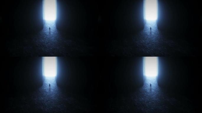 一个孤独的人站在一个光明的入口前。逼真的4k动画。