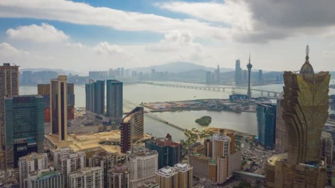 阳光灿烂的日子澳门著名的市中心海湾航空全景4k延时中国