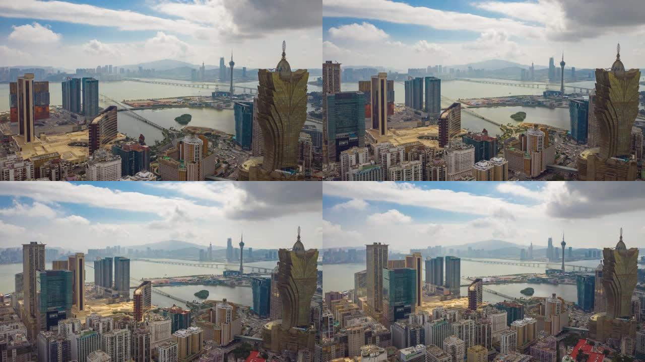 阳光灿烂的日子澳门著名的市中心海湾航空全景4k延时中国