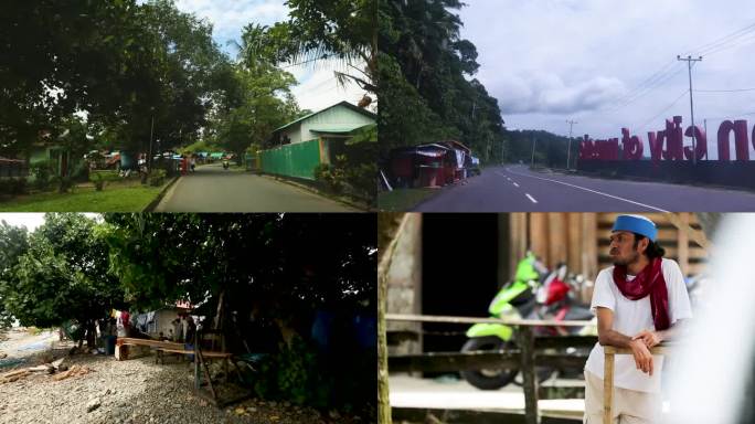 印度尼西亚巴厘岛路边卖食物的街头小贩 路中间有一座清真寺 一个男人站在栅栏前，上面挂着衣服