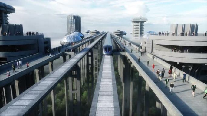 具有单轨和火车的未来派火车站。人流量，人群。混凝土建筑。未来概念。逼真的4k动画。