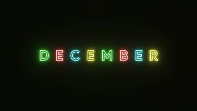 砖墙纹理上12月文字霓虹灯多彩。3D渲染插图。12月的霓虹灯符号。4k分辨率视频。浅色霓虹灯效果文字