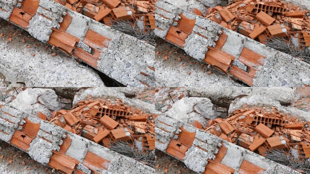 腐烂的混凝土和砖块，在建筑中使用劣质材料，不耐用的混凝土，腐烂的混凝土和生锈的铁，