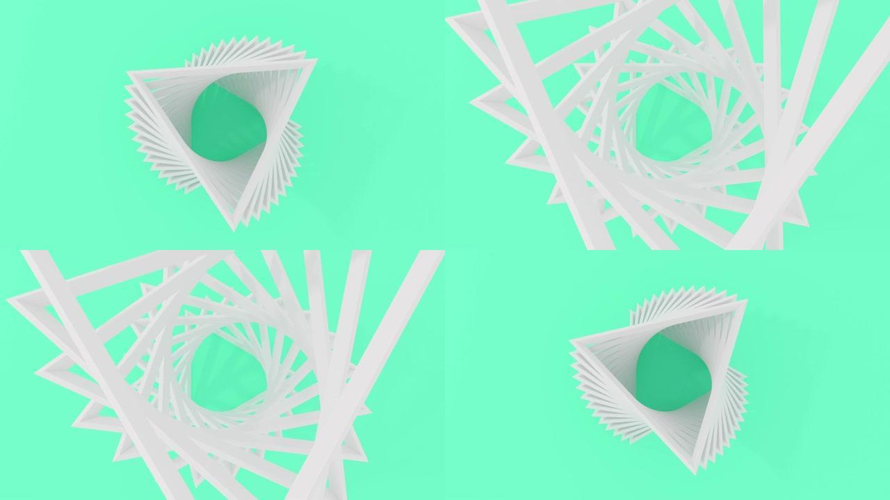 3D动画计算机渲染白色三角形飞起并扭转。4k无缝循环动画。