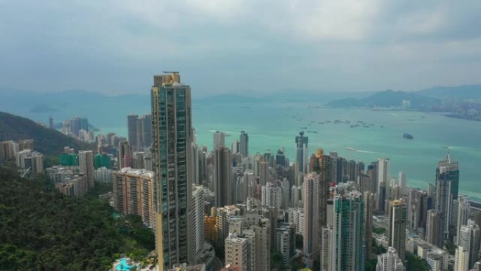 晴天香港城市景观维多利亚港交通空中全景4k