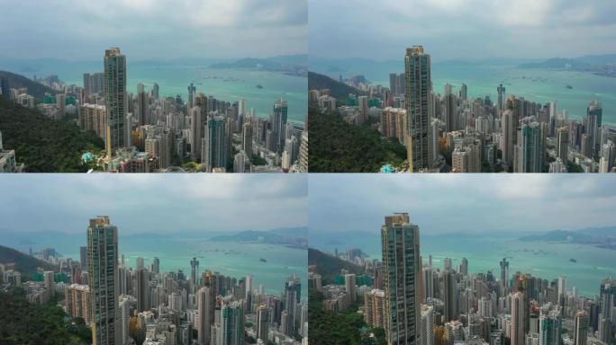 晴天香港城市景观维多利亚港交通空中全景4k