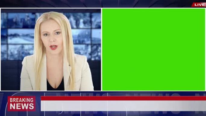 4k视频: 女性新闻播音员通过绿屏显示来展示重大新闻，以供样机使用