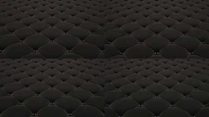 黑色绗缝天鹅绒表面与黑色拉绳飞行的3D动画。循环视频。
