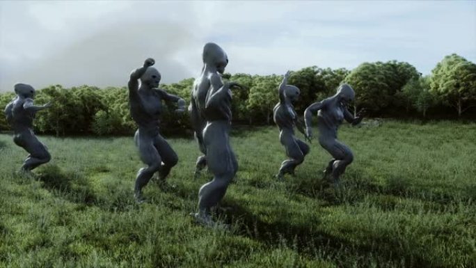 有趣的外星人在飞碟飞船附近的草地上跳舞。逼真的4k动画。