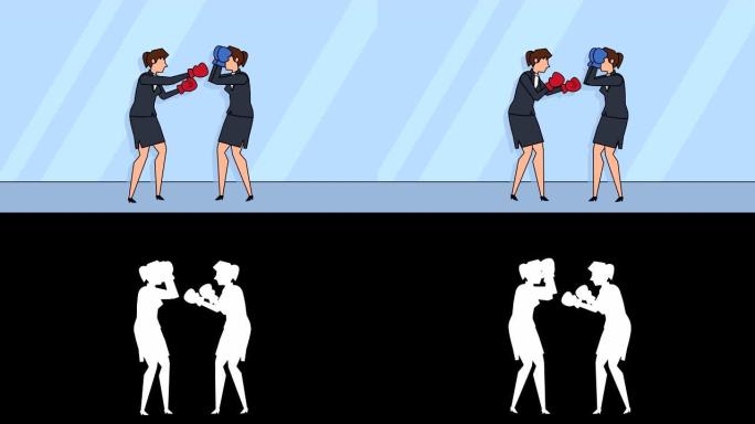 平面卡通商人女人角色拳击战斗对峙概念动画