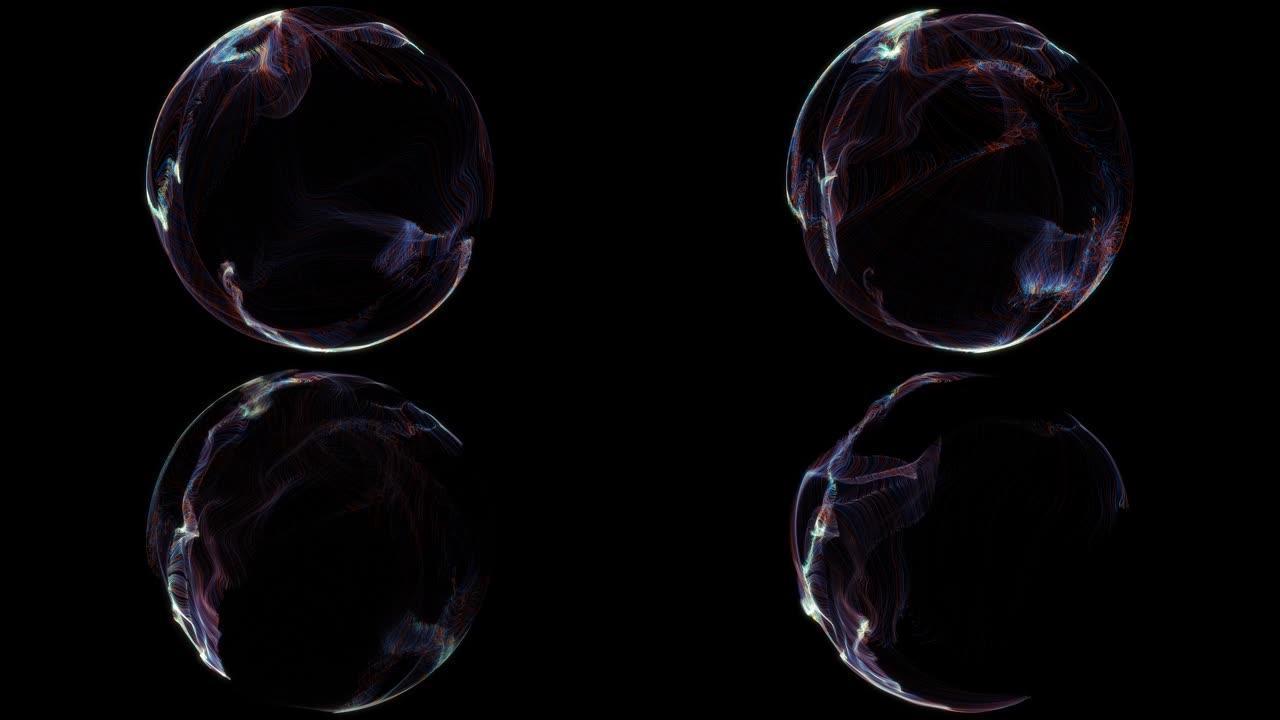 抽象粒子球，科学背景。虚拟流大二进制数据可视化。
