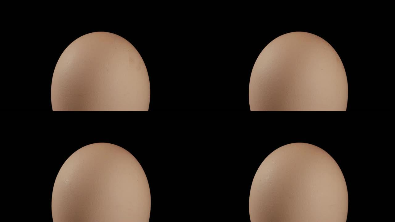 特写，整个棕色鸡蛋在黑色背景上的旋转表面上，直立位置