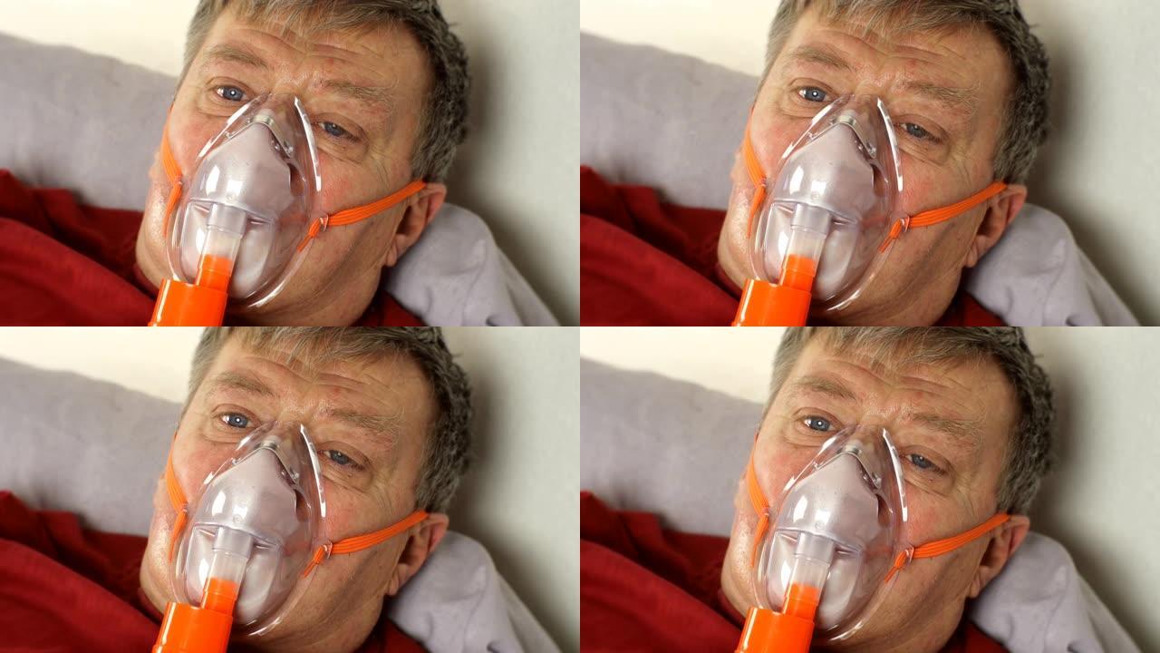 生病的中年男子躺在床上通过氧气面罩呼吸。