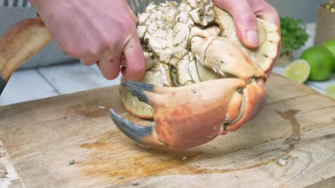 通过在4k中扭转动作拉下爪子来吃螃蟹的特写镜头。