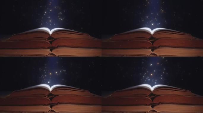 月光下从打开的魔法书中飞出的字母