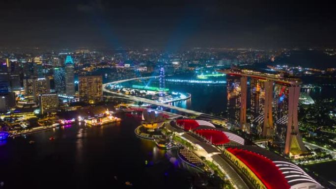 夜间照明新加坡城市飞行著名酒店海湾空中全景4k延时