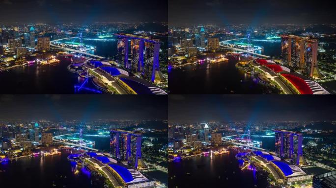 夜间照明新加坡城市飞行著名酒店海湾空中全景4k延时