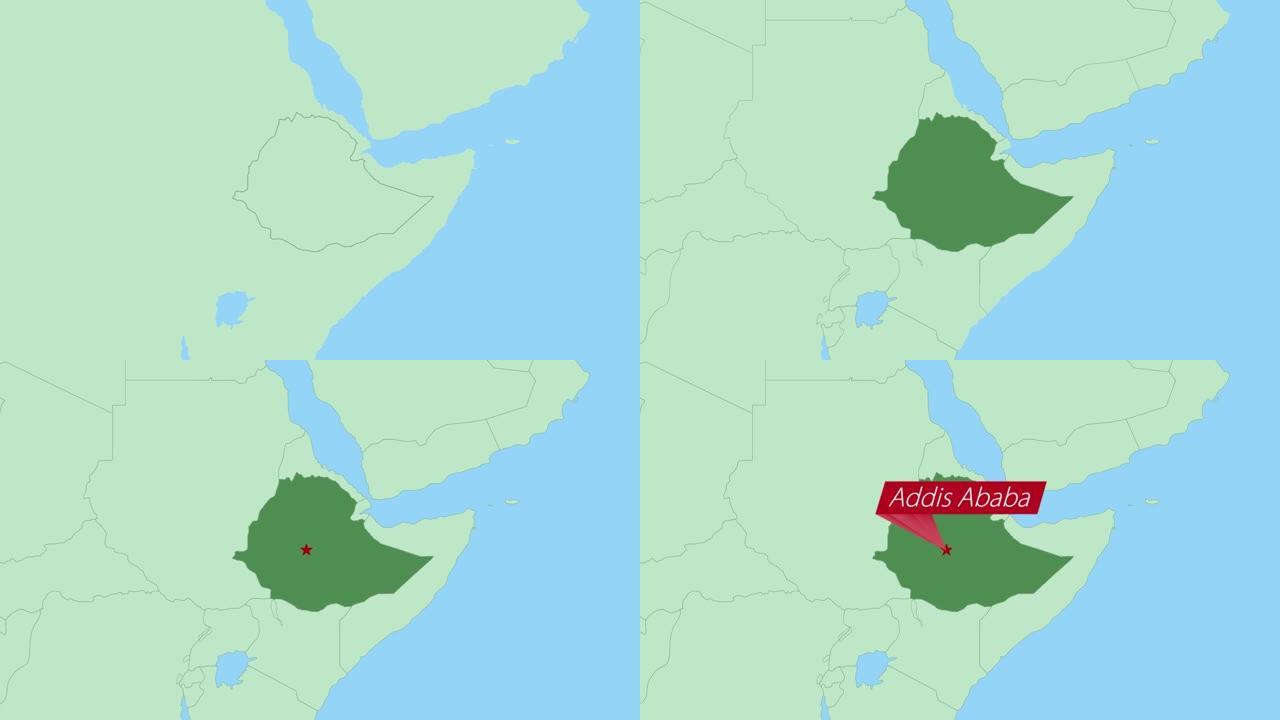 埃塞俄比亚地图，带有国家首都的pin。
