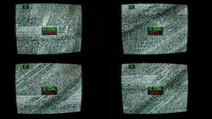 旧电视屏幕显示静态噪声和信息无信号。信号接收不良引起的白噪声电视显示。特写