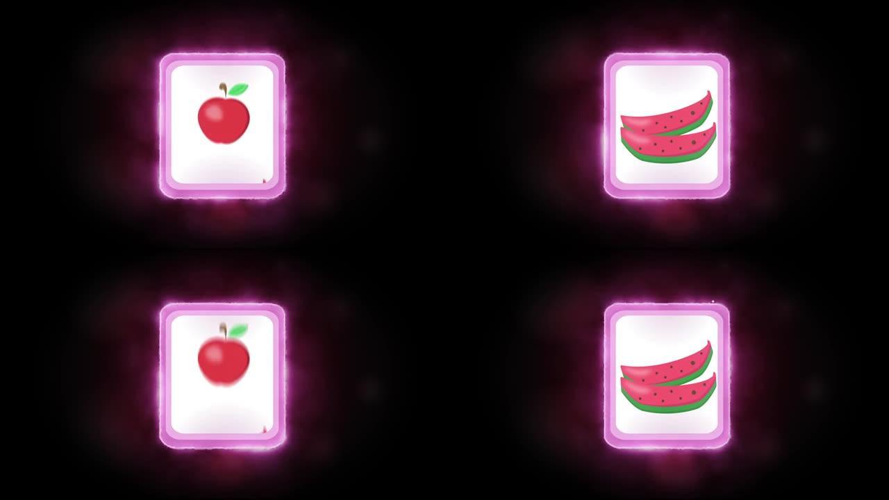 循环可爱的水果旋转霓虹灯老虎机运动动画。