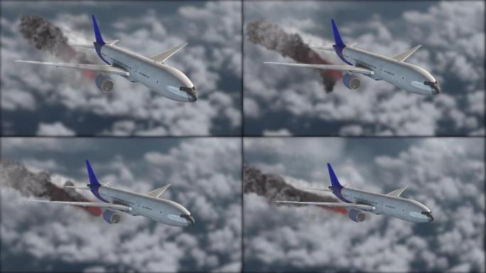 飞机在云层中飞行的是白色和蓝色。发动机着火了。发动机工作不正常。火，火焰，烟云。背景模糊。灰色的云。