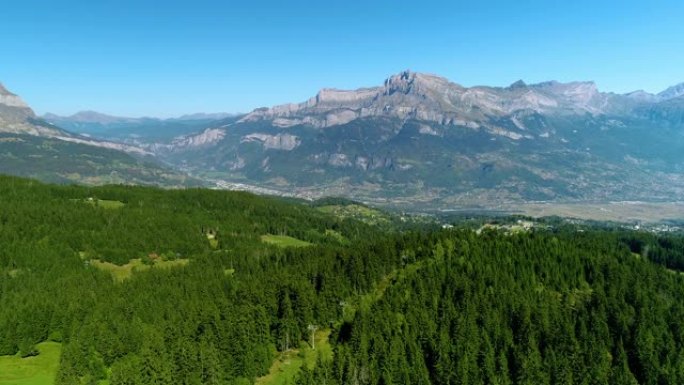 鸟瞰绿色土地，松树和阿尔卑斯山山脉底部的一条小路-法国。