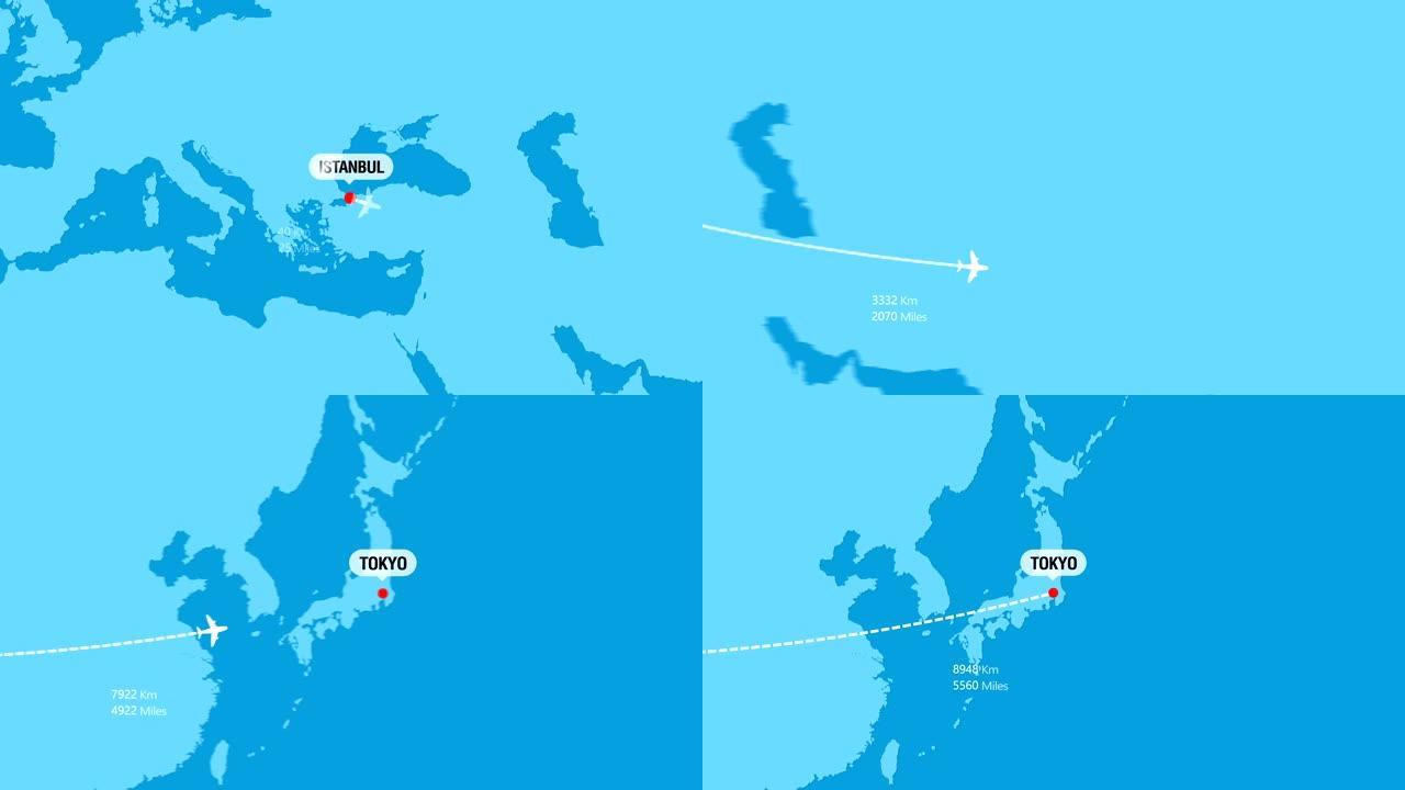 伊斯坦布尔至东京的航班旅行路线