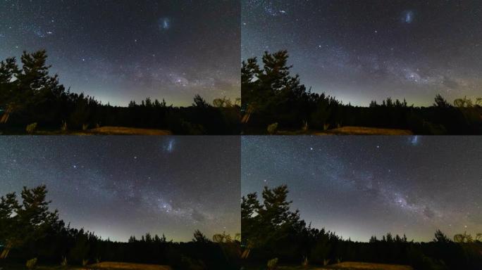 在智利一个田园诗般的森林里，星星在令人惊叹的黑暗天空中整夜移动。在田园诗般的自然风光中，我们可以看到
