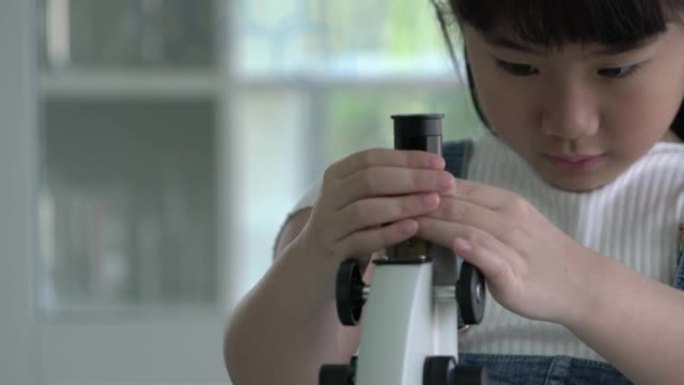 小女孩正在学校的现代实验室里通过显微镜观察。科学、学习发展和实验室产业的概念。