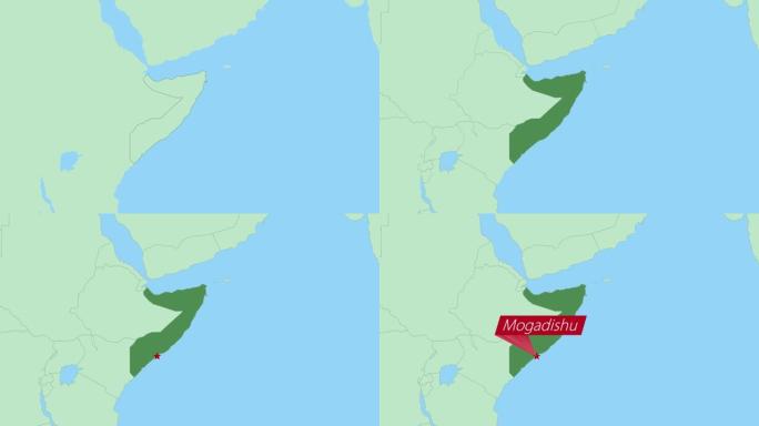 索马里地图，带有国家首都的pin。