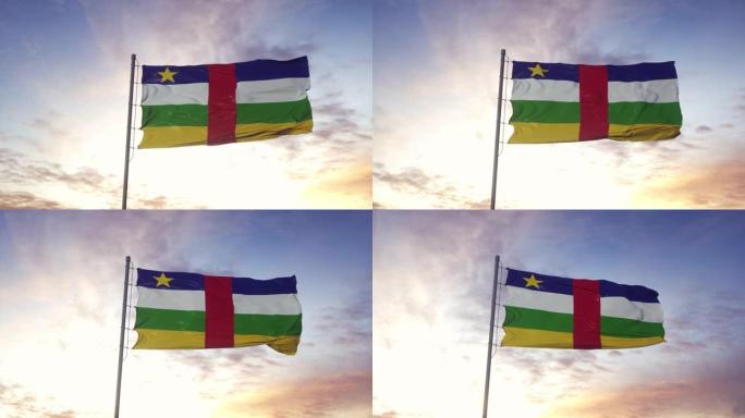 中非共和国国旗在风中飘扬，引人注目的天空背景。4 k