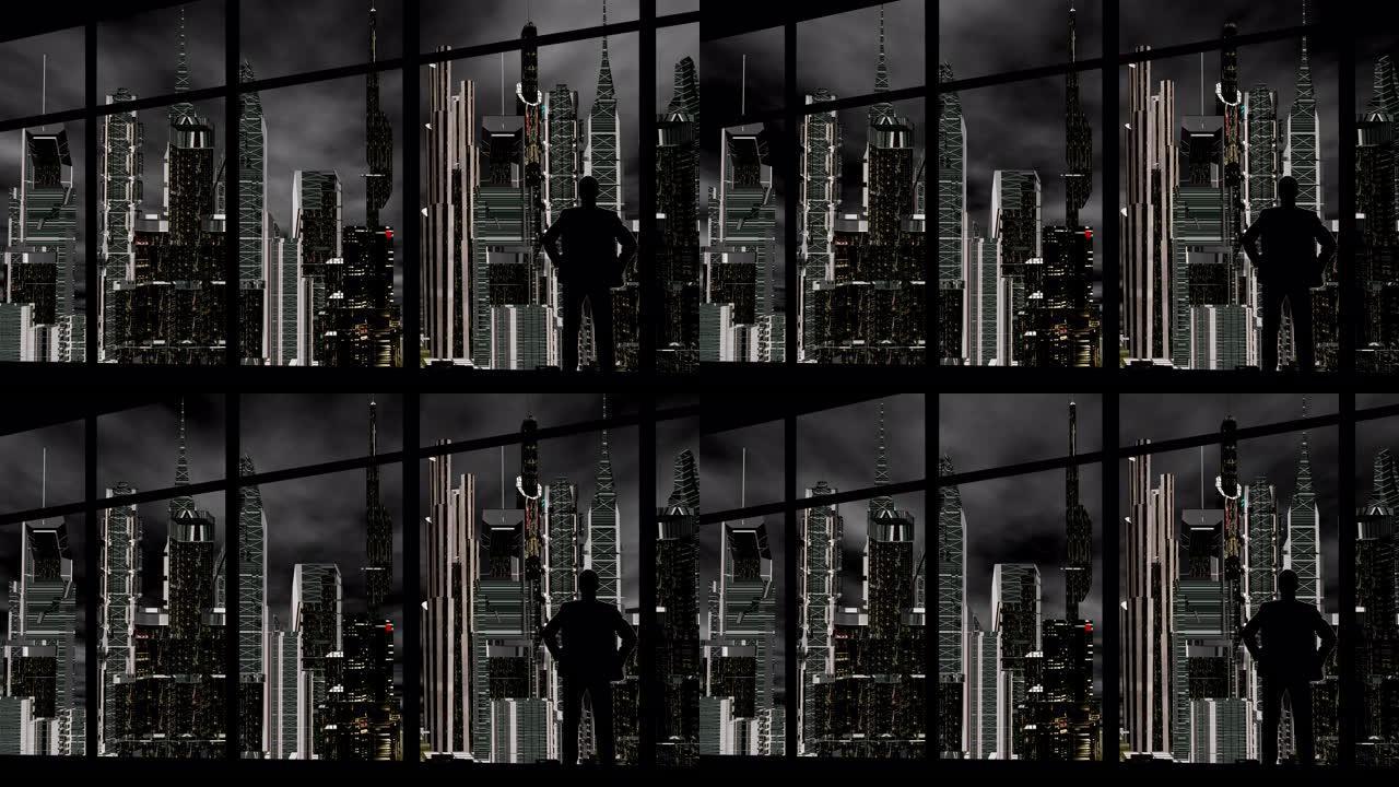 一个商人的剪影，看着城市天际线上酝酿的黑暗戏剧性的乌云