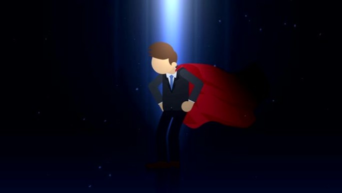 超级英雄站在聚光灯下。商业符号。领导力和成就理念。漫画循环动画。