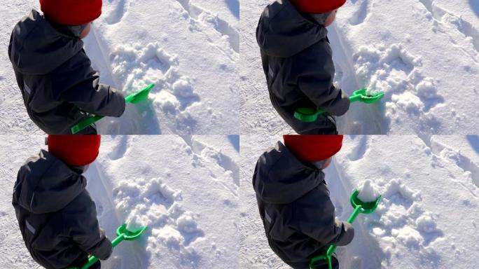 小孩子收集雪绿铲